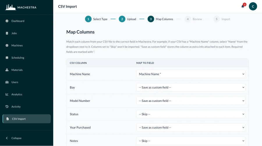 CSV import wizard mapping spreadsheet columns to Machestra fields