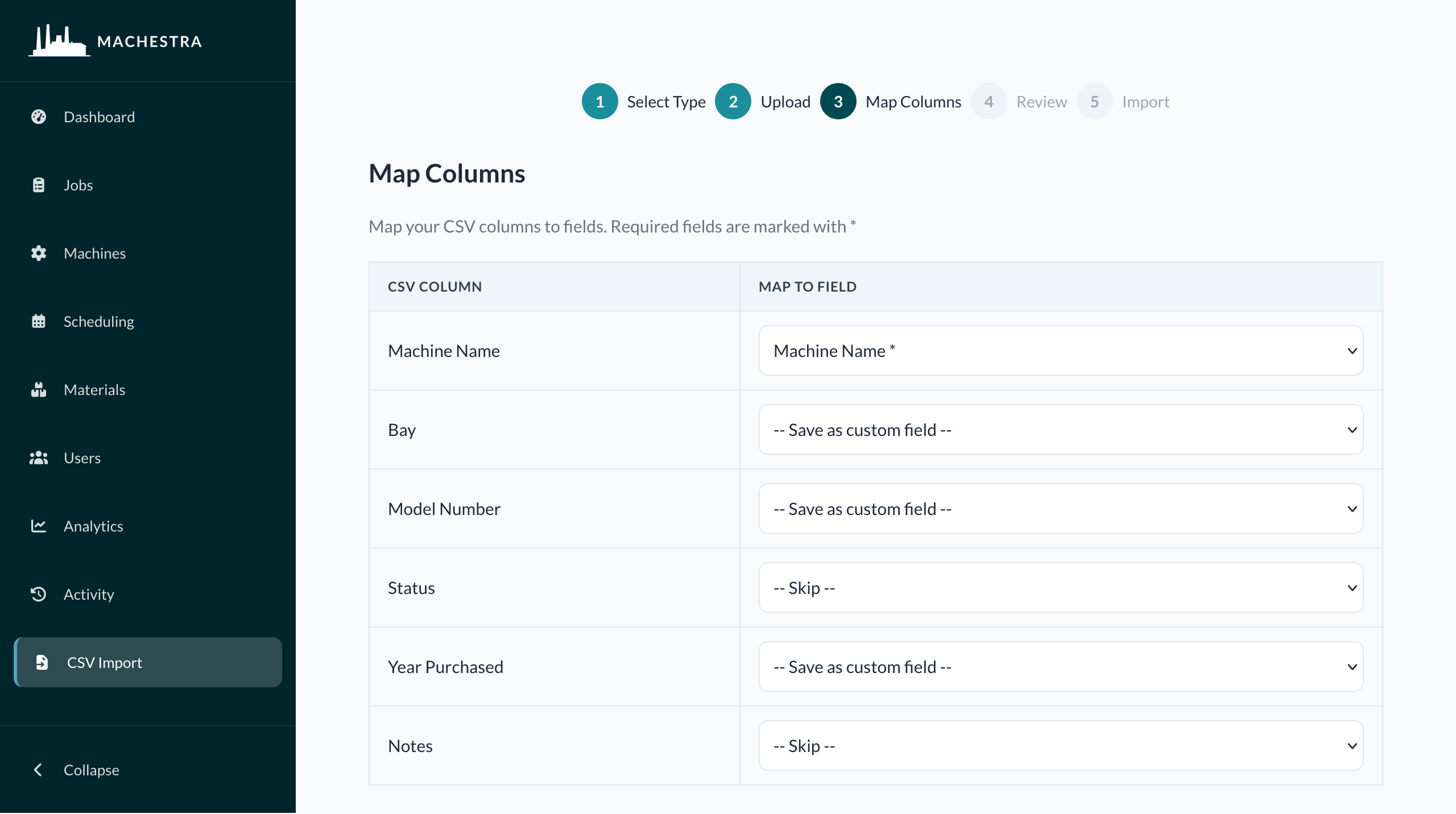 CSV import wizard mapping spreadsheet columns to Machestra fields