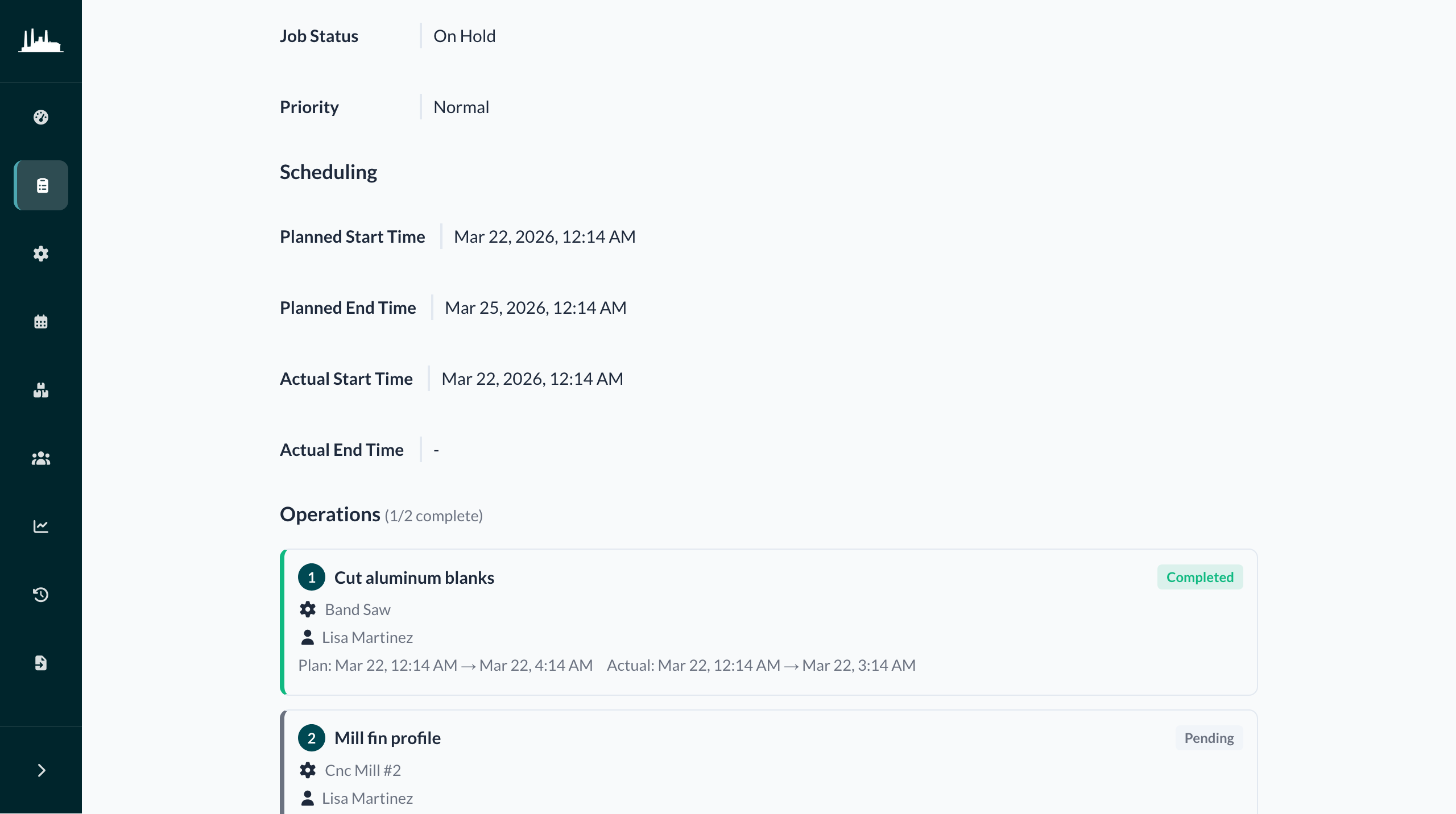 Job detail view showing operations, assigned machines, and materials